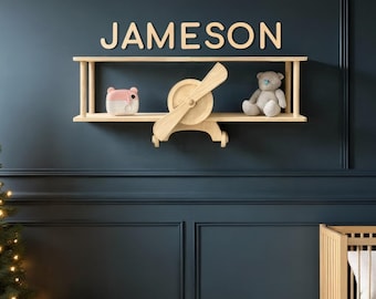 Kids personalized floating shelf, airplane shelf decor, first Christmas gift, vintage nursery biplane wall bookshelf, Xmas son gift