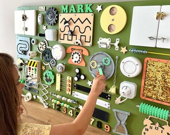Large olive green busy board, goddaughter gifts, eco friendly toy, custom busy board, siblings gift idea, Montessori board