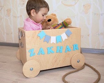 Montessori Nursery Furniture | Personalized wooden toys box for boy | Toy Storage with wheels | Toddler toys organizer | Birthday Baby Gifts
