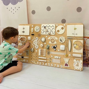 Large boho busy board, toddler room decor, gender neutral toy, custom Montessori board, doctor&#39;s office toddler activity wall busy board