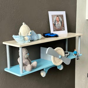 Brown wall mounted airplane shelf, beige cloud floating shelf, aviation nursery decor, wooden kids bookshelf, birthday baby gift idea image 14