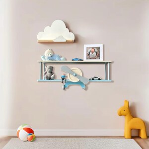 Green wall mounted floating shelves set, wooden airplane cloud shelf, custom aviation nursery decor, birthday baby gift, kids wall bookshelf Blue