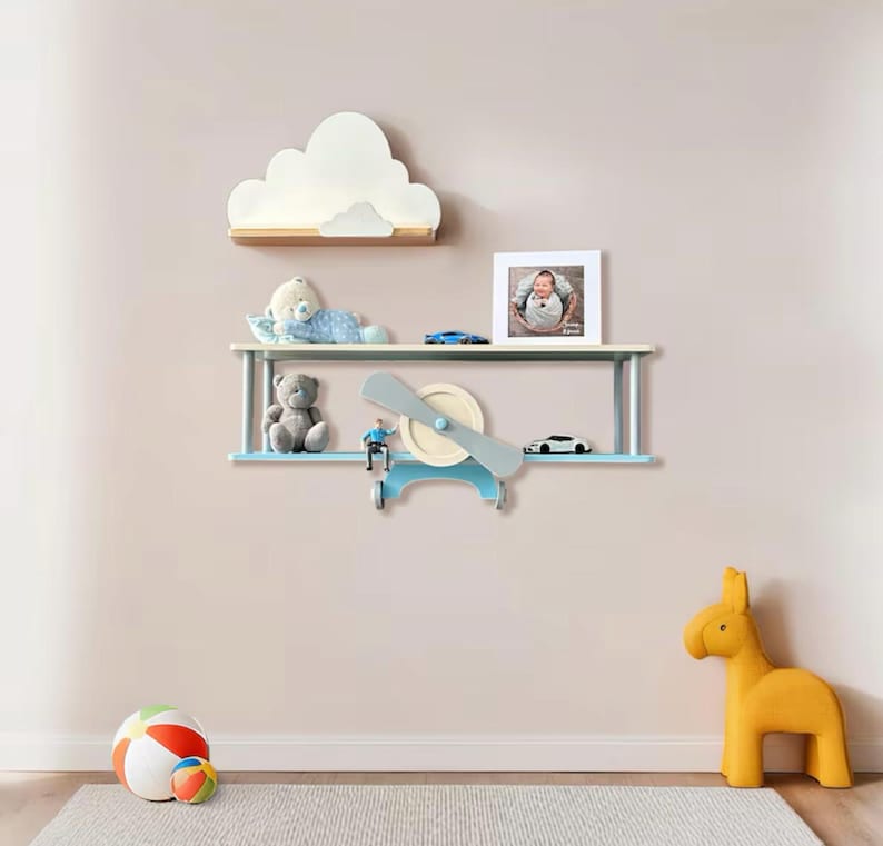 Green wall mounted floating shelves set, wooden airplane cloud shelf, custom aviation nursery decor, birthday baby gift, kids wall bookshelf Blue