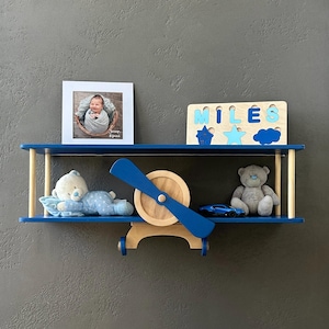 Green wall mounted floating shelves set, wooden airplane cloud shelf, custom aviation nursery decor, birthday baby gift, kids wall bookshelf Navy