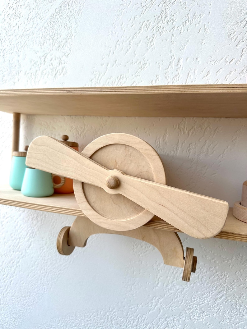 Green wall mounted floating shelves set, wooden airplane cloud shelf, custom aviation nursery decor, birthday baby gift, kids wall bookshelf image 15