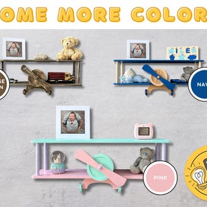 Brown wall mounted airplane shelf, beige cloud floating shelf, aviation nursery decor, wooden kids bookshelf, birthday baby gift idea image 20