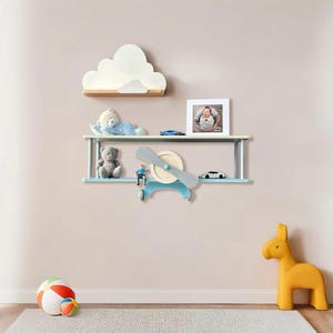 Brown wall mounted airplane shelf, beige cloud floating shelf, aviation nursery decor, wooden kids bookshelf, birthday baby gift idea Blue