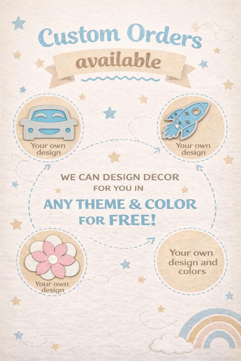 May include: A light beige background with the text "Custom Orders available" in blue. The image features a car, rocket, and flower illustrations, with text indicating custom design options in any theme and color.