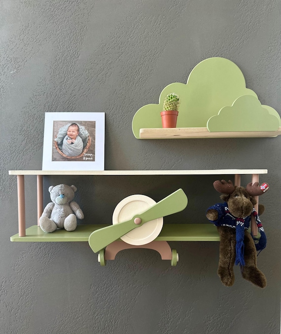Green wall mounted floating shelves set, wooden airplane cloud shelf, custom aviation nursery decor, birthday baby gift, kids wall bookshelf