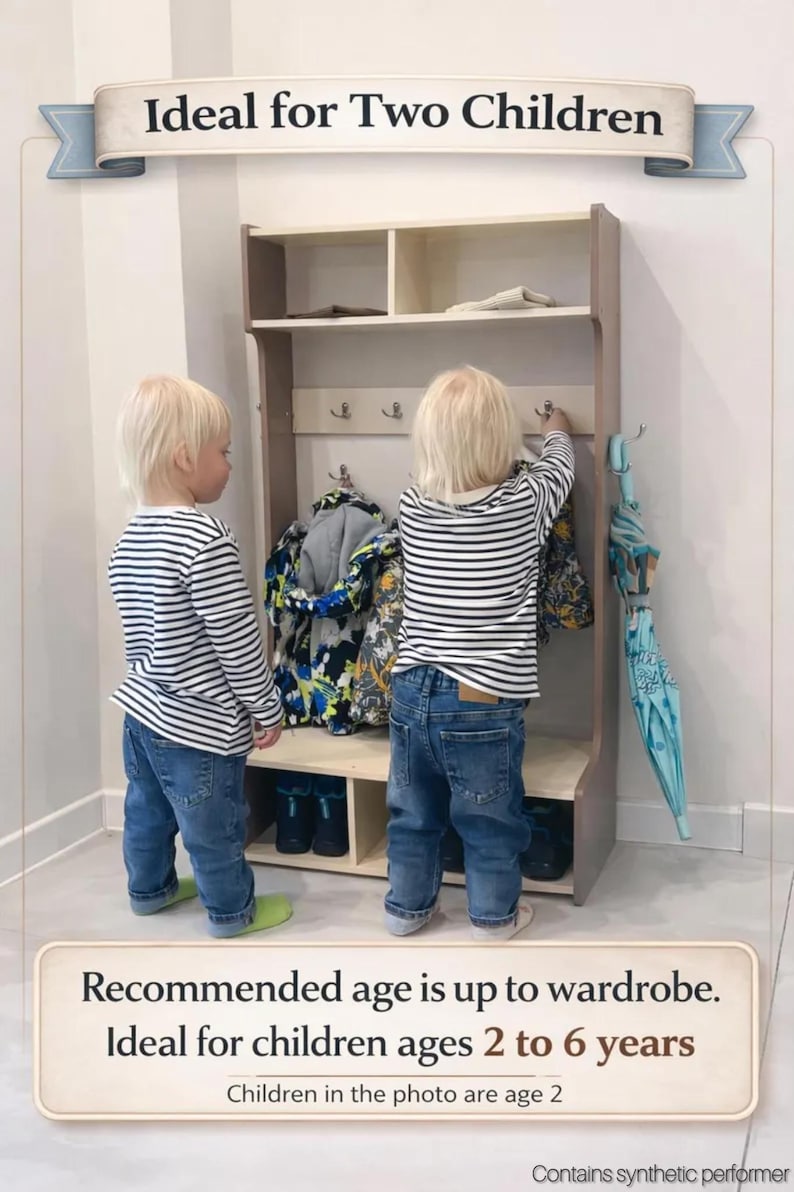 May include: A light-colored wooden entryway storage unit featuring an upper shelf, a middle section with metal hooks for hanging items, and a lower shelf with two compartments for shoes. The unit includes text reading Ideal for Two Children.