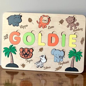 Puzzle z nazwami zwierząt safari, puzzle z tablicą dla maluchów, wystrój pokoju dziecięcego w stylu safari, prezent na pierwsze urodziny, puzzle z tablicą ze zwierzętami dżungli