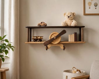 Vintage Airplane Wall Shelf, Wooden Biplane Shelf for Kids Room, Aviation Wall Decor, Playroom Display Shelf, Gift for Nephew