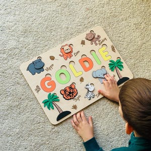 Personalized large baby name safari puzzle, wooden organic baby toys, grandson gift, toddler holiday gift, fidget toy, black friday sale
