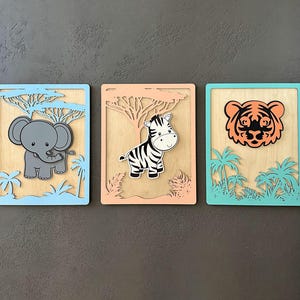 Safari nursery set of 3 wall art, wooden jungle animals, personalized baby name sign, 1st birthday gift, toddler room wall decor gift idea