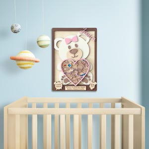 Enseigne en bois personnalisée gravée d'informations sur la naissance, cadeau de carte personnalisé, impression des détails de naissance, mesures de bébé, décoration murale de chambre d'enfant d'ours en peluche là où tout a commencé