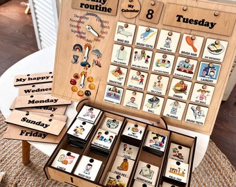 Wooden montessori calendar, Chore chart for kid, Homeschool desk calendar for toddler, Daily routine enfant chart, Perpetual calendar, Gifts