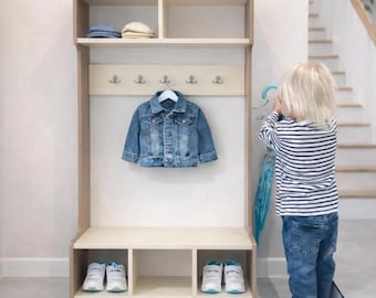 Kids Mudroom Coat Rack with Bench – Toddler Shoe & Jacket Organizer, Wooden Entryway Storage for Preschoolers