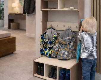 Montessori Toddler Wardrobe for Ages 2-6 – Self Dressing Coat Rack with Bench & Shoe Storage _   Wooden Kids Entryway Organizer