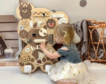 Tablero de actividades con forma de oso para niños de 1 año, tablero Montessori personalizado, regalo para baby shower, tablero de actividades para niños pequeños, tablero sensorial educativo
