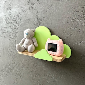 Wooden kids shelf wall mounted cloud, green nursery bookshelf, grandchild Christmas gift, baby toys wall storage, boy nursery wooden shelf