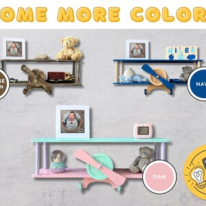 Green wall mounted floating shelves set, wooden airplane cloud shelf, custom aviation nursery decor, birthday baby gift, kids wall bookshelf image 20