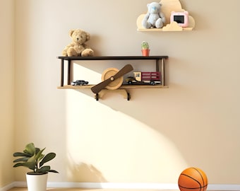 Brown wall mounted airplane shelf, beige cloud floating shelf, aviation nursery decor, wooden kids bookshelf, birthday baby gift idea