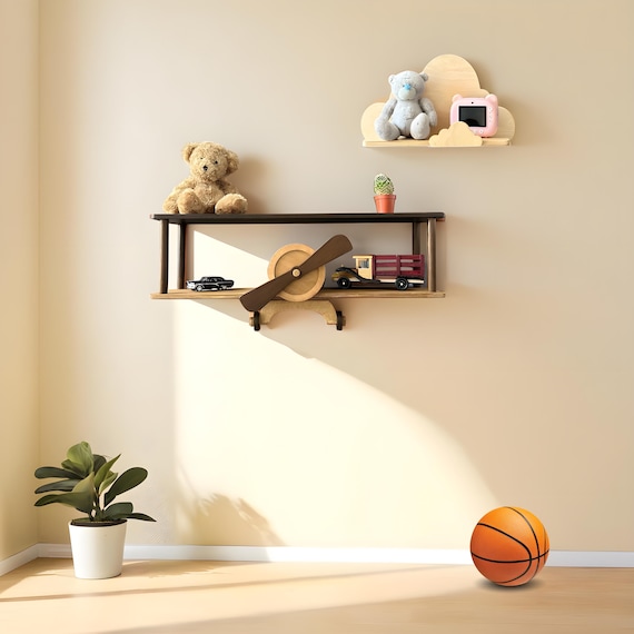 Brown wall mounted airplane shelf, beige cloud floating shelf, aviation nursery decor, wooden kids bookshelf, birthday baby gift idea