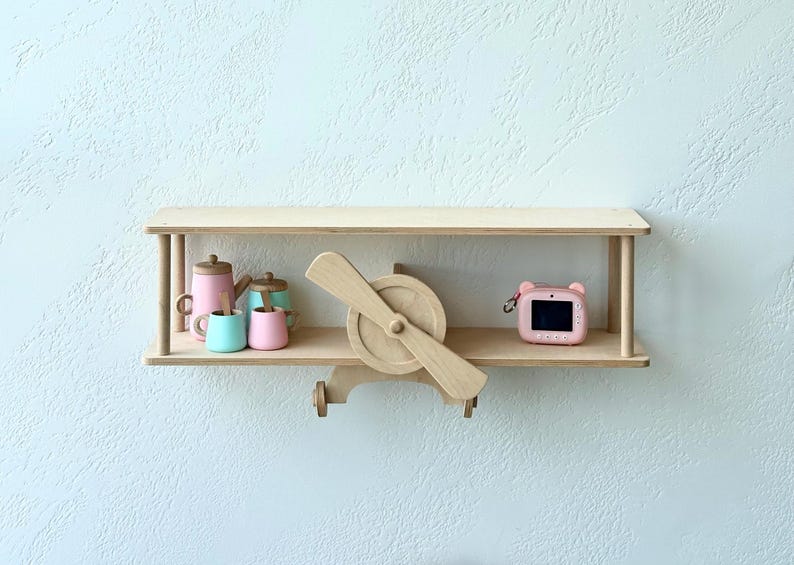 Brown wall mounted airplane shelf, beige cloud floating shelf, aviation nursery decor, wooden kids bookshelf, birthday baby gift idea Natural wood