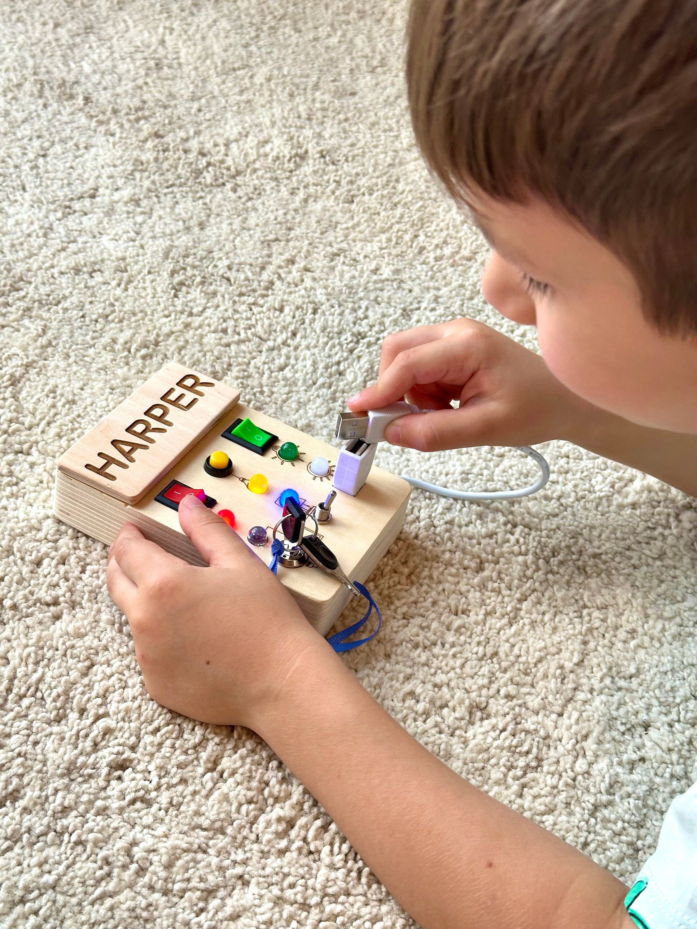 LED small busy board, Montessori busy board for toddler, travel light busy board handmade toy, learning toy, kids light switch box