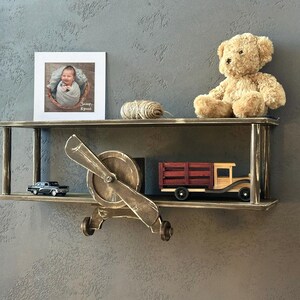 Green wall mounted floating shelves set, wooden airplane cloud shelf, custom aviation nursery decor, birthday baby gift, kids wall bookshelf Vintage brown