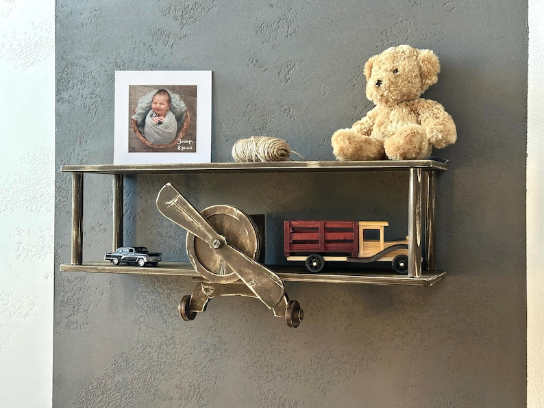 Green wall mounted floating shelves set, wooden airplane cloud shelf, custom aviation nursery decor, birthday baby gift, kids wall bookshelf Vintage brown