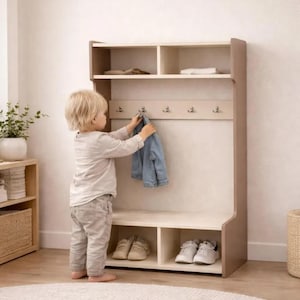 Montessori Furniture for Toddlers – Kids Wardrobe Rack with Bench, Child Size Closet Organizer, Wooden Bedroom Furniture, Montessori Gift image 1