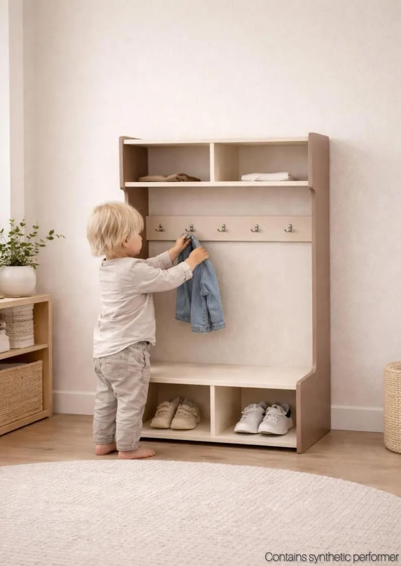 Montessori Furniture for Toddlers – Kids Wardrobe Rack with Bench, Child Size Closet Organizer, Wooden Bedroom Furniture, Montessori Gift image 1