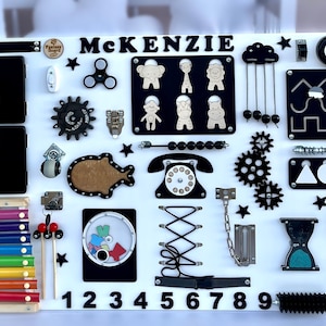 Black White Busy Board for Boy, Toddler Fidget Board, Montessori Toy, Activity Board, Sensory Board, Wooden Toy, Personalized Baby Gifts