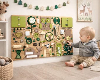 Wall Mounted Busy Board for Toddlers – Forest Sensory Activity Board, Montessori Wall Toy, Woodland Nursery Decor, Toddler Learning Panel
