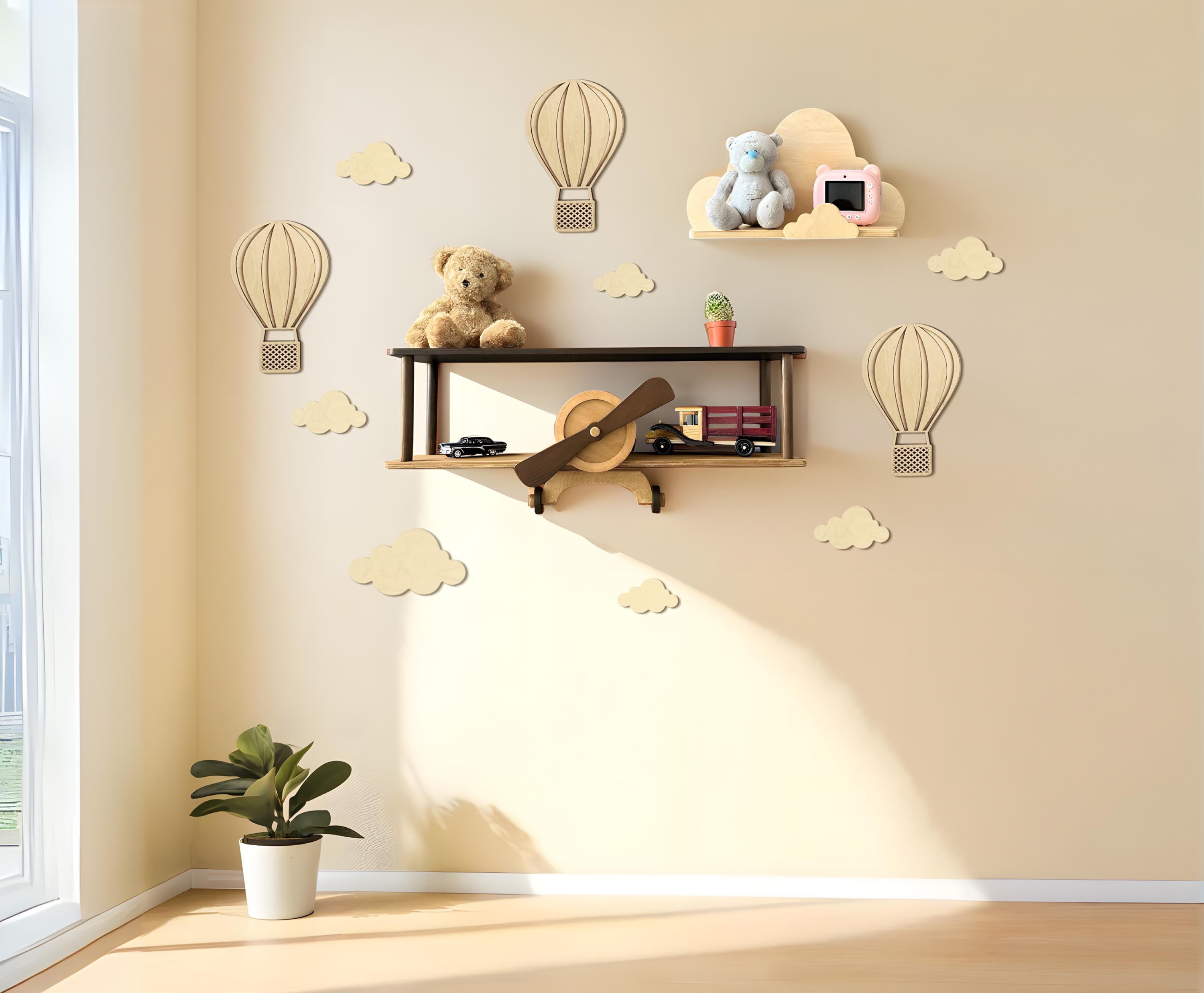 Vintage Style Airplane Floating Shelf, Cloud Wall Shelf, Hot Air Balloon Nursery Decor, Toddler Nursery Bookshelf, 1 2 3 Baby Boy Girl Gift
