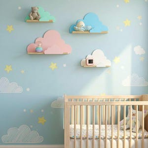 May include: A nursery scene with cloud-shaped shelves in pastel colors, each holding a toy. The shelves are mounted on a light blue wall decorated with cloud and star decals. A wooden crib sits in the foreground, with a rainbow rug.