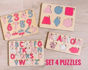 5 year old girl gift Alphabet wood puzzle set for girl Alphabet letters Montessori materials Handmade wooden stem toys Set 4 puzzles