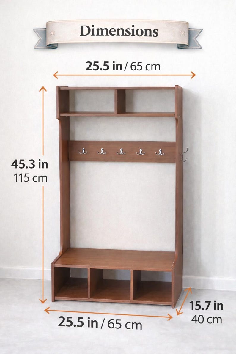 May include: A brown wooden hall tree with a top shelf, five silver hooks, and a bottom bench with three storage compartments. The unit measures 25.5 inches wide, 45.3 inches high, and 15.7 inches deep, as indicated by the text Dimensions.