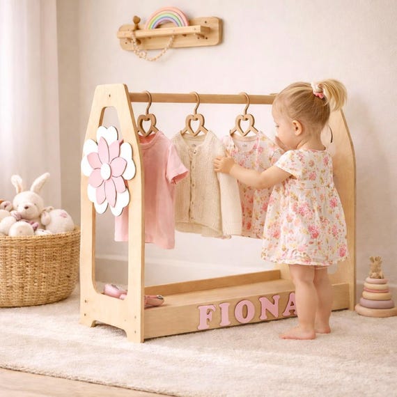 Girls Clothing Rack – Montessori Toddler Clothes Rack, Wooden Kids Clothes Rack, Dress Up Rack, Girl Room Decor