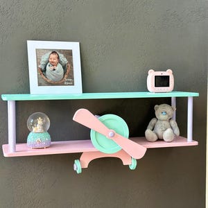 Brown wall mounted airplane shelf, beige cloud floating shelf, aviation nursery decor, wooden kids bookshelf, birthday baby gift idea Pink