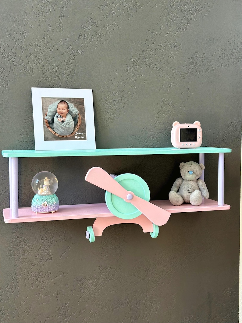 Brown wall mounted airplane shelf, beige cloud floating shelf, aviation nursery decor, wooden kids bookshelf, birthday baby gift idea Pink