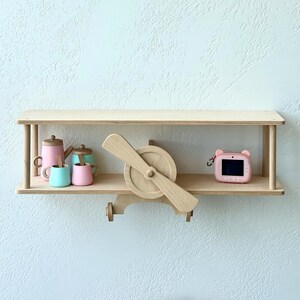 Green wall mounted floating shelves set, wooden airplane cloud shelf, custom aviation nursery decor, birthday baby gift, kids wall bookshelf Natural wood