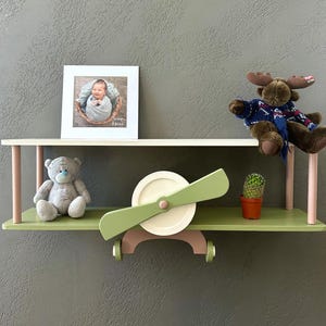 Brown wall mounted airplane shelf, beige cloud floating shelf, aviation nursery decor, wooden kids bookshelf, birthday baby gift idea image 18
