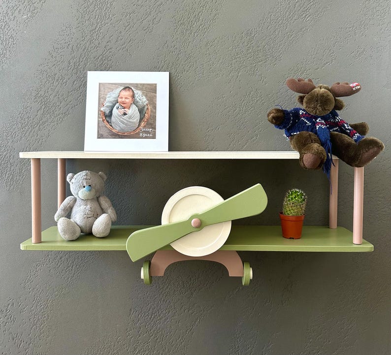 Brown wall mounted airplane shelf, beige cloud floating shelf, aviation nursery decor, wooden kids bookshelf, birthday baby gift idea image 18