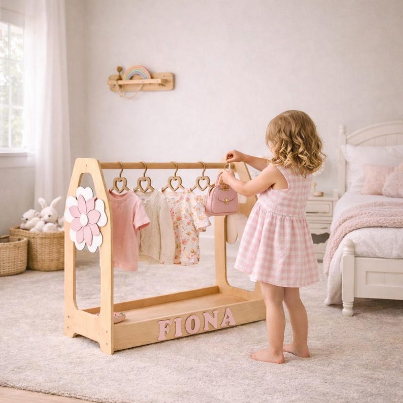 Girls Clothing Rack – Montessori Toddler Clothes Rack, Wooden Kids Clothes Rack, Dress Up Rack, Girl Room Decor image 7