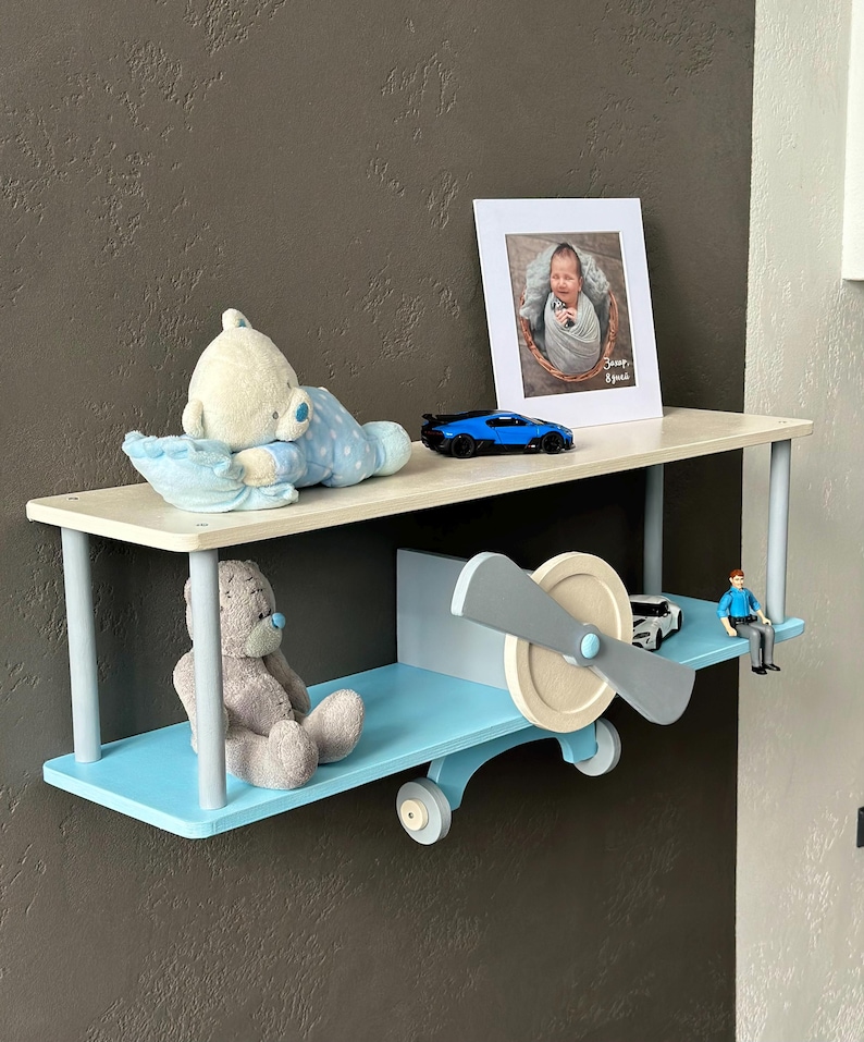 Green wall mounted floating shelves set, wooden airplane cloud shelf, custom aviation nursery decor, birthday baby gift, kids wall bookshelf image 17