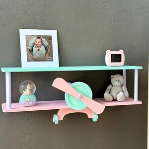 Green wall mounted floating shelves set, wooden airplane cloud shelf, custom aviation nursery decor, birthday baby gift, kids wall bookshelf Pink