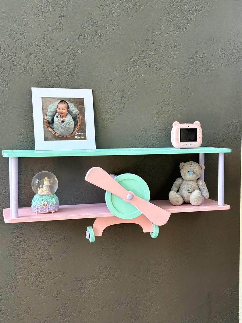 Green wall mounted floating shelves set, wooden airplane cloud shelf, custom aviation nursery decor, birthday baby gift, kids wall bookshelf Pink