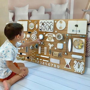 Brown beige wall sensory board, Montessori busy board, educational organic sensory toy, handmade grandchild gift, kids development toy